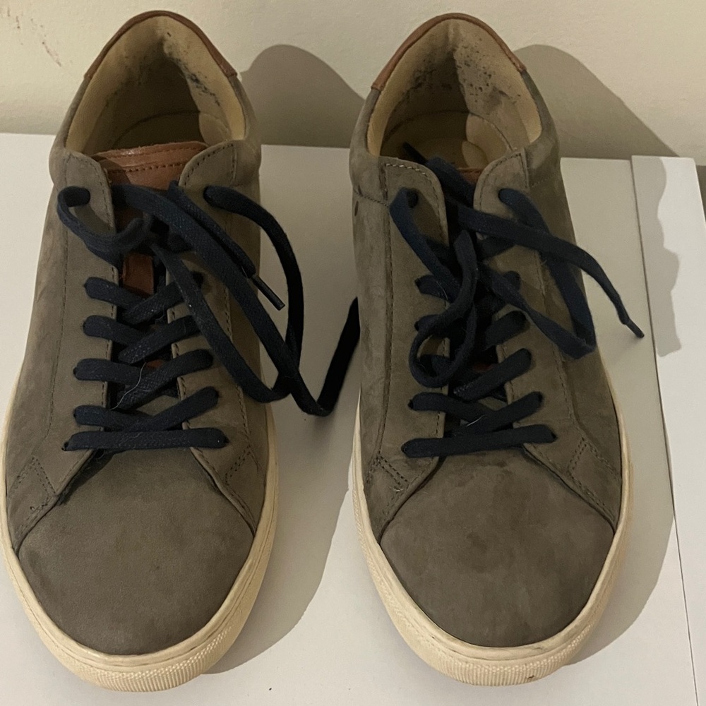 Men's Low-Top Suede Sneakers in Olive with Navy Laces
